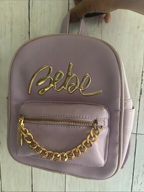 Bebe leather travels Mini backpack bag with gold logo chain accents